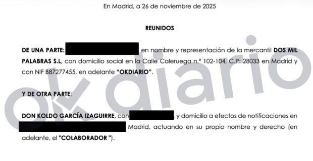 Detalle del contrato suscrito entre Koldo Garc&iacute;a y la empresa editora de OKDIARIO para la elaboraci&oacute;n de un libro y de una docuserie.