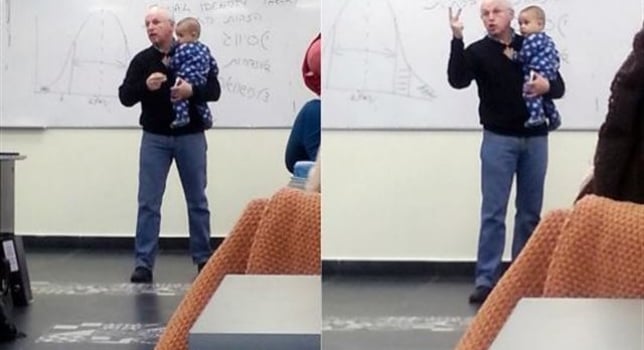 Un profesor se hace viral al dar sus clases con un bebé en brazos