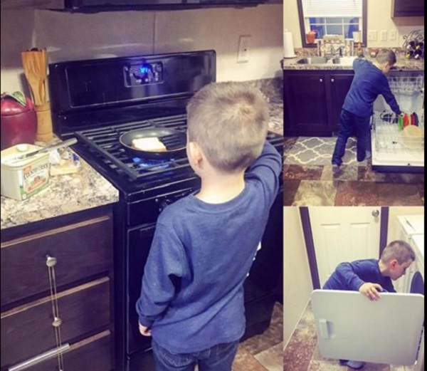 Viral: madre enseña a su hijo de 6 años a hacer las tareas del hogar