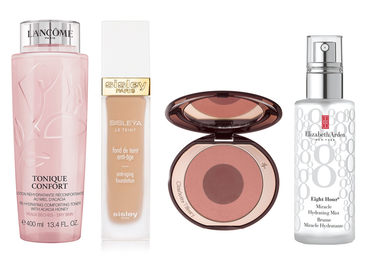 1. Tónico facial Lancôme Tonique Confort. 2.Base de maquillaje Sisleya Le Tent de Sisley Paris. 3. Blush de Charlotte Tilbury. 4. Bruma facial Eight Hour Miracle Hydrating Mist de Elizabeth Arden.