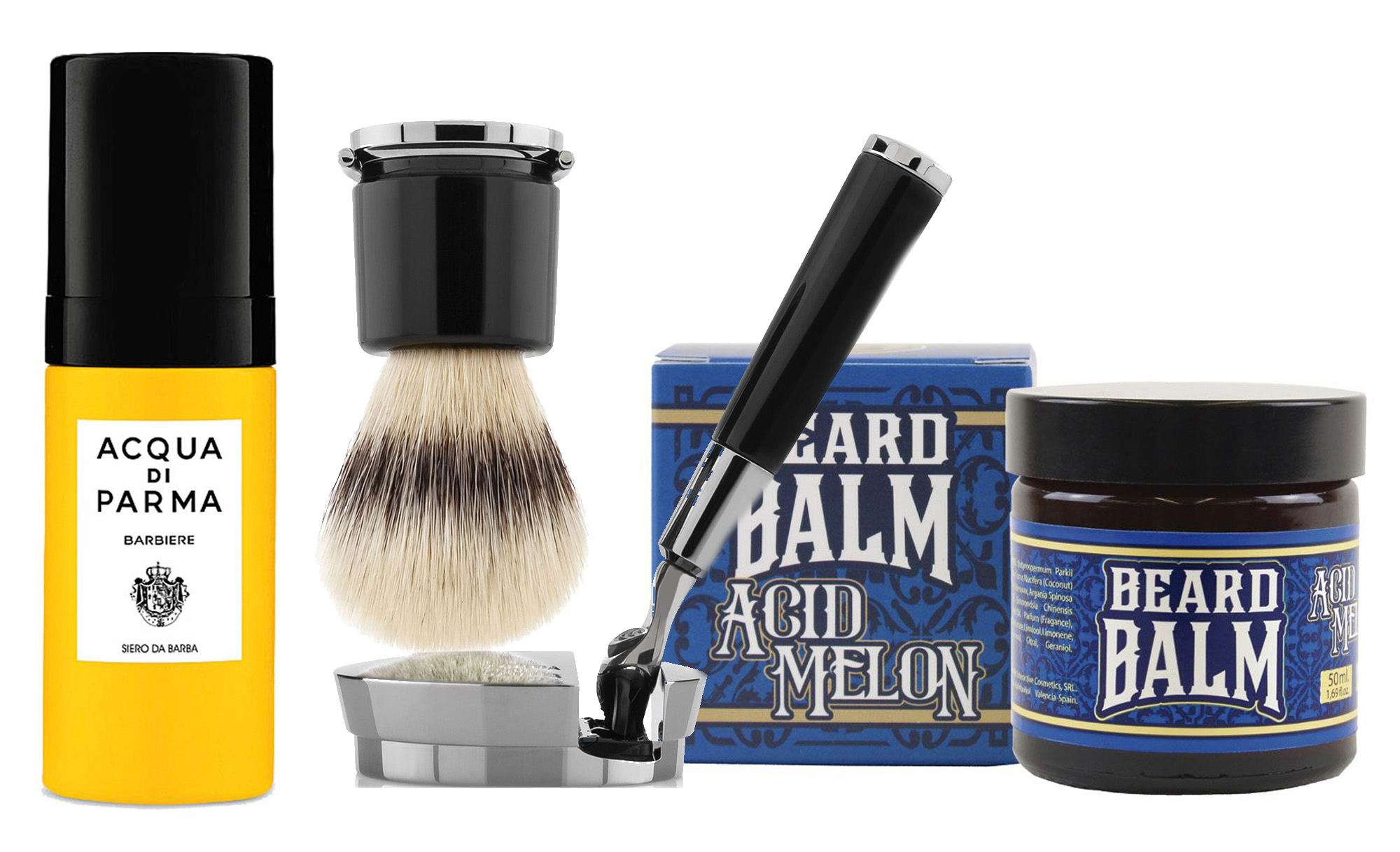 Serúm para barba de Acqua di Parma. 2. Delux Stand de Acqua di Parma. 3. Bálsamo Acid Melon de Hey Joe!