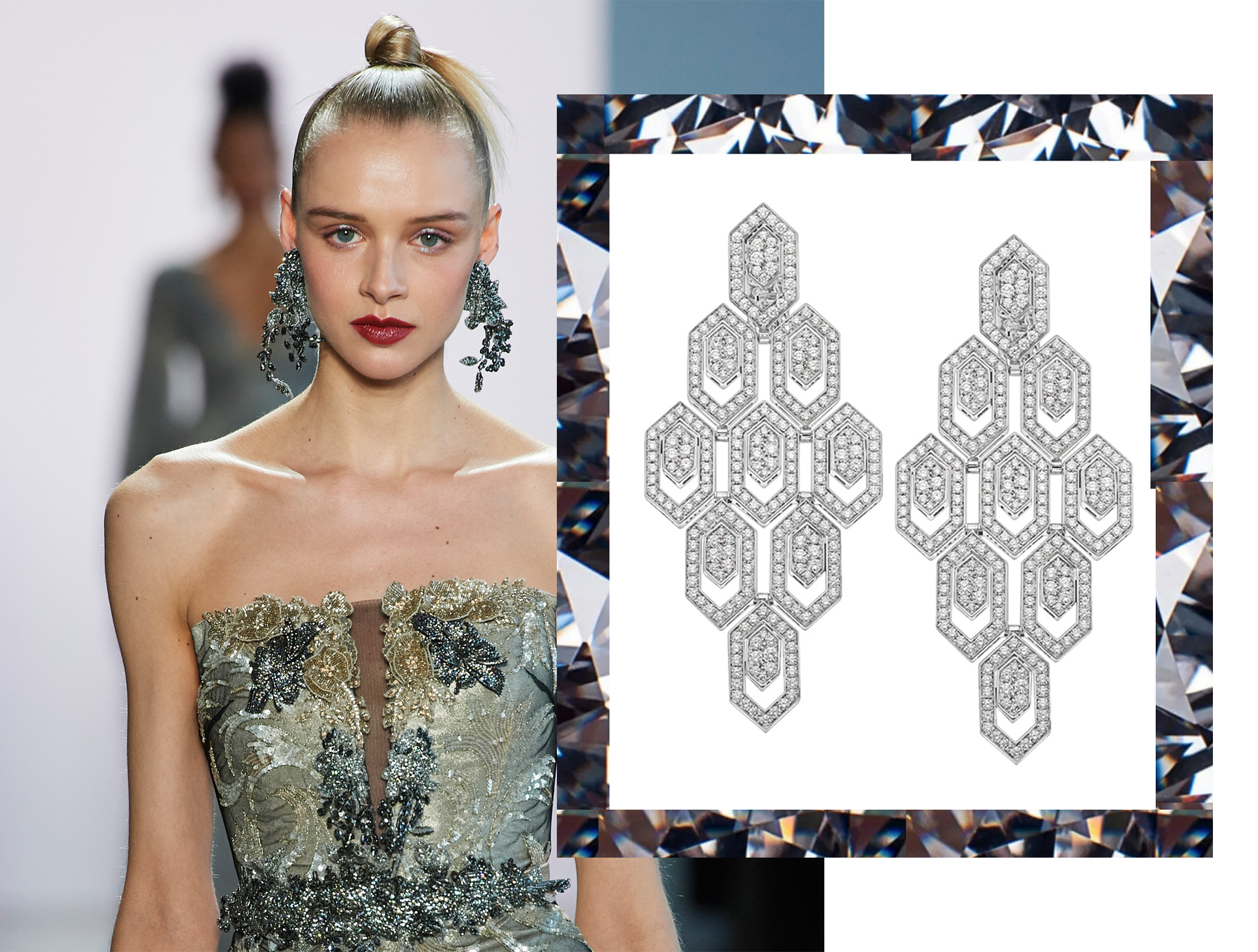 Desfile de Badgley Mischka; pendientes de Bvlgari/Foto: Imaxtree; Bvlgari.