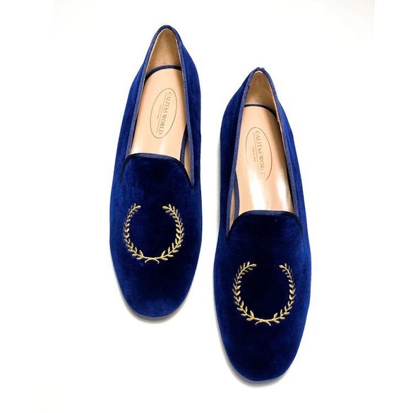 LOAFERS HOMBRE TERCIOPELO AZUL MARINO 117TX, CORONA DE LAUREL EN ORO
