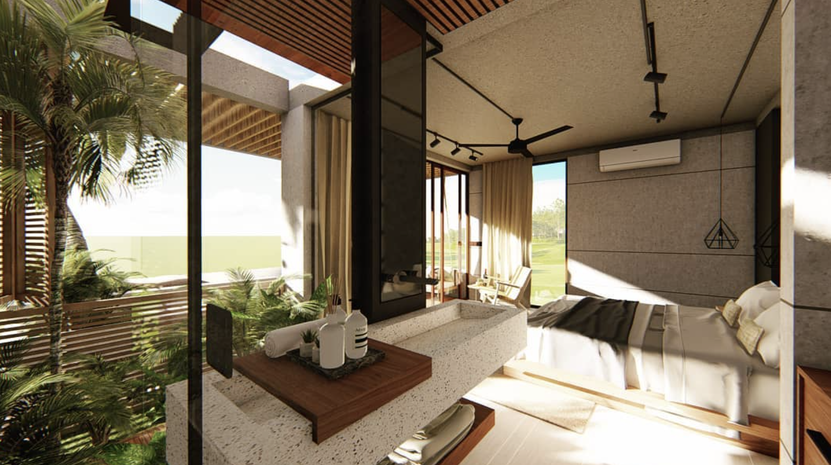 Dormitorio con grandes ventanales y vegetaci&oacute;n.