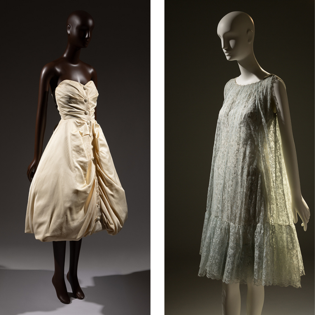 Izq.: Christian Dior, vestido otomano de seda. Dch.: Crist&oacute;bal Balenciaga, vestido de fiesta, seda azul y encaje de Marescot.