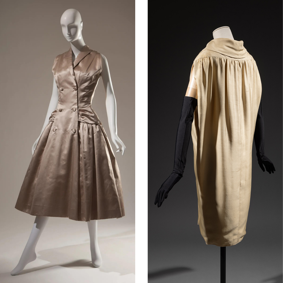 Izq.: Vestido en sat&eacute;n de seda sin mangas, de Dior. Dch.: Crist&oacute;bal Balenciaga, vestido &lsquo;sack&rsquo; sin mangas, seda flameada color canela.