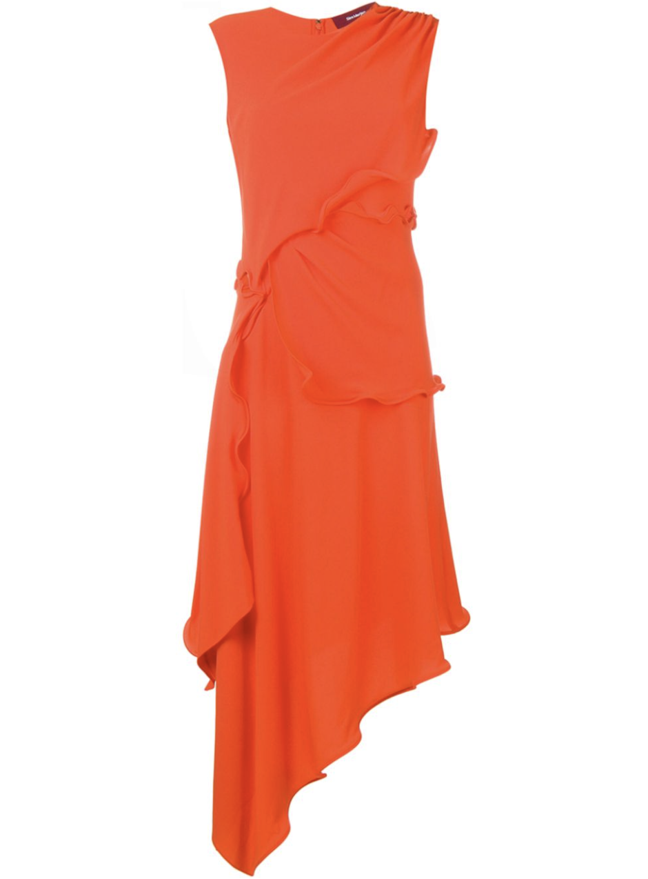 Vestido naranja con volantes y corte asimétrico