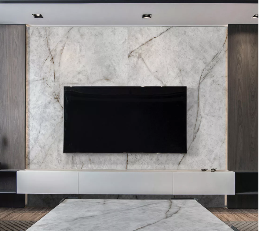 Salón con piedra sinterizada