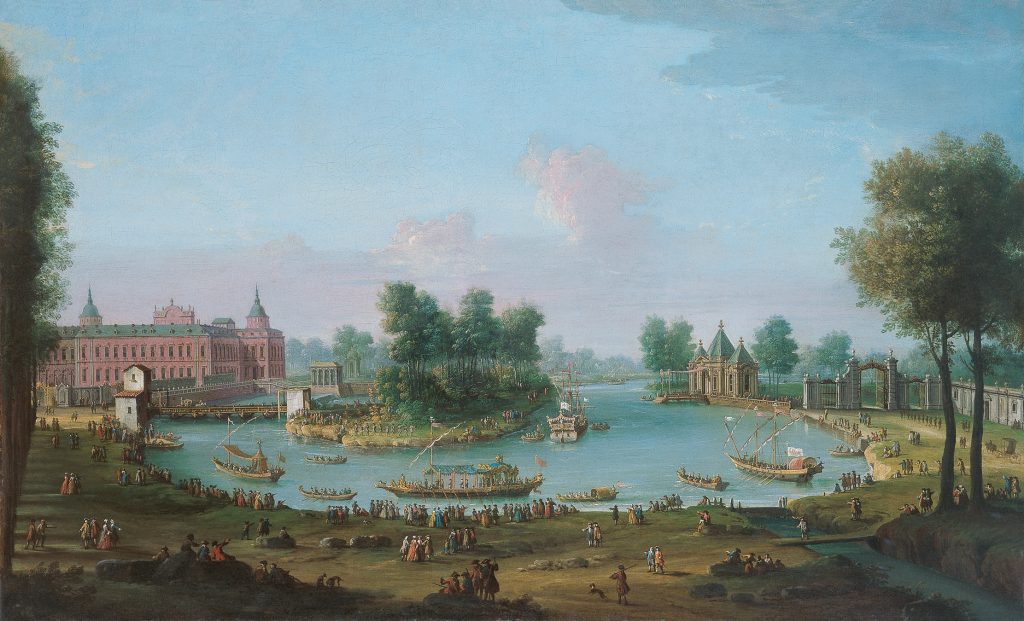 Antonio Joli (hacia 1700-1777). Vista del Palacio Real de Aranjuez desde el nordeste, con el rey Fernando VI de Espa&ntilde;a y la reina Mar&iacute;a B&aacute;rbara de Braganza