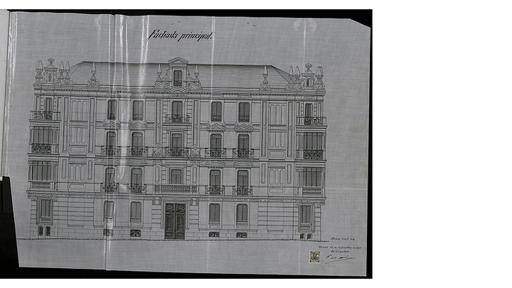 Eduardo de Adaro (1848-1906). Fachada principal del edificio de viviendas proyectado para Bruno Zaldo en la calle Alfonso XII de Madrid. 15 de septiembre de 1901. Dibujo en tinta sobre tela tratada. Archivo de Villa. Ayuntamiento de Madrid