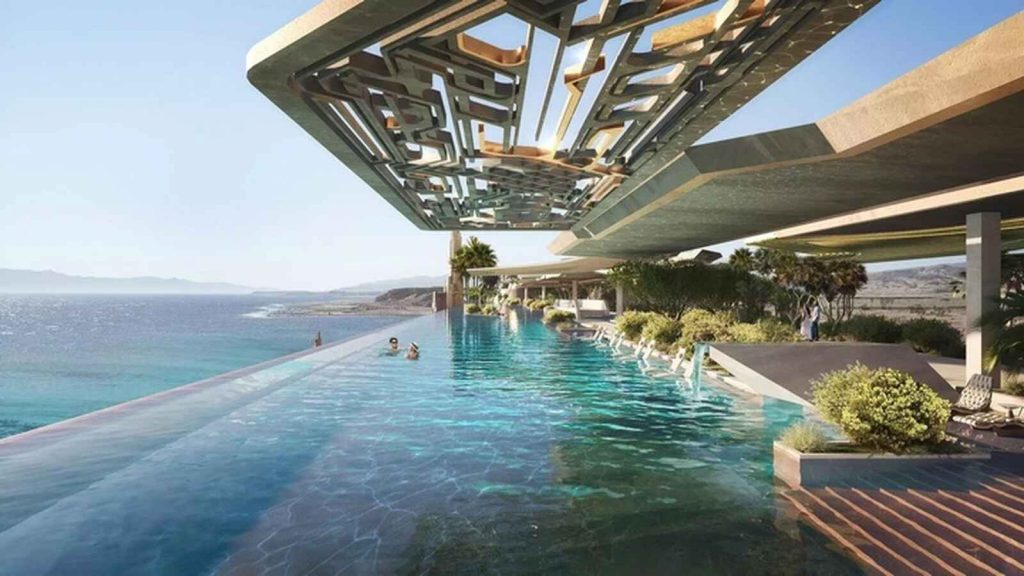 Simulaci&oacute;n de la piscina del hotel del puente en Arabia Saud&iacute;