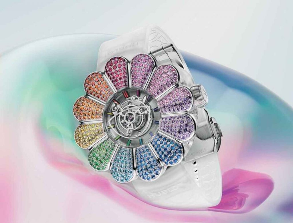 Reloj de p&eacute;talos con 444 piedras preciosas de Murakami
