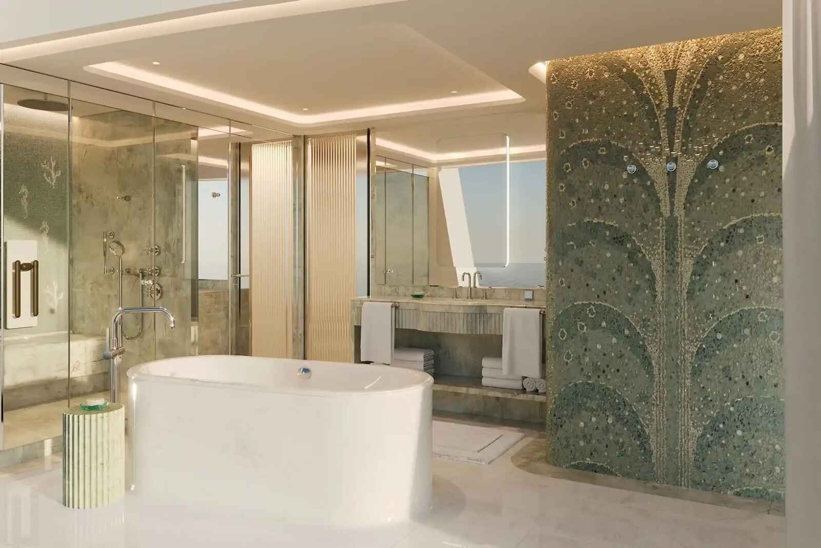 Ba&ntilde;o de la Suite Funnel en el yate del Four Seasons
