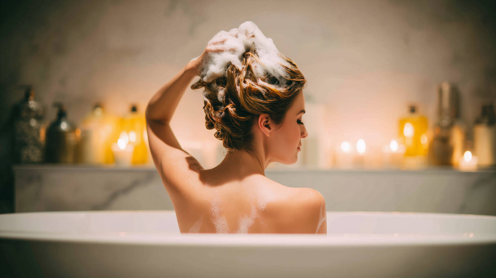 Mujer en ba&ntilde;era lav&aacute;ndose el pelo con champ&uacute;