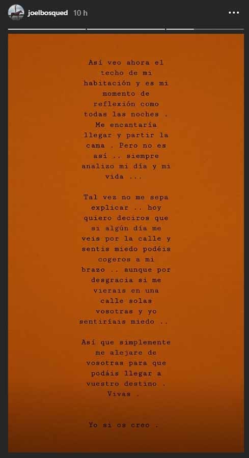 El mensaje de Joel Bosqued en Instagram 