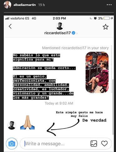 Captura del mensaje de Riccardo Tisci a Alba D&iacute;az 