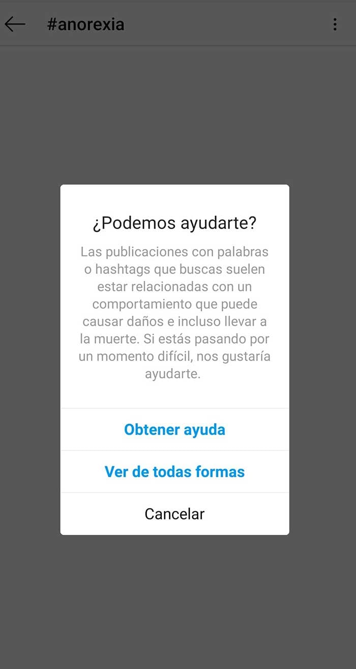 advertencia de instagram en contra de la anorexia