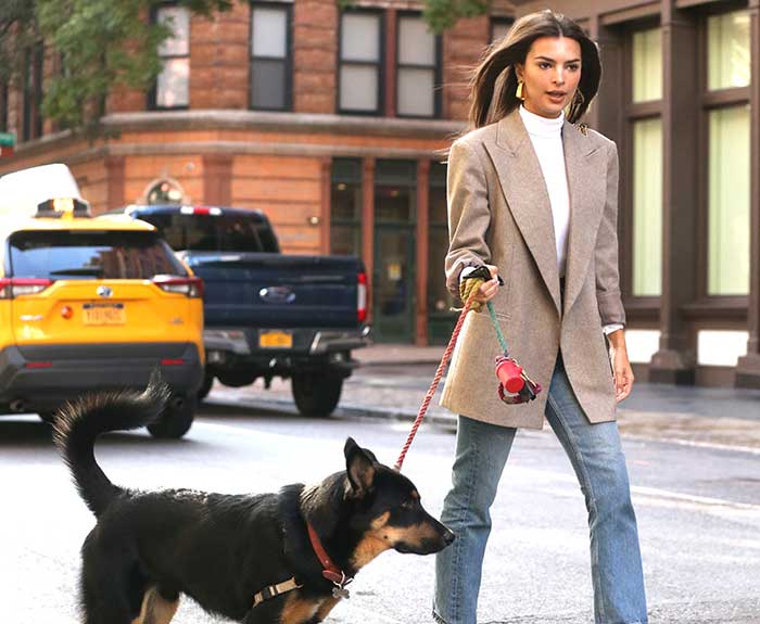 Emily Ratajkowksi paseando a su perro en manhattan
