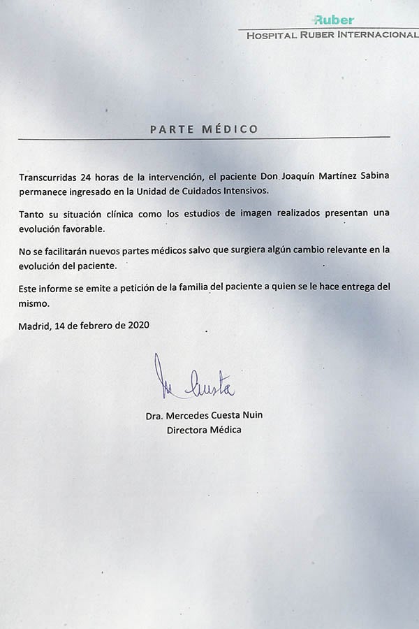 Parte m&eacute;dico de Joaqu&iacute;n Sabina/ GTRES