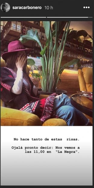 Una de las historias que ha subido Sara Carbonero contando su último día de 'libertad' / Imagen de Instagram @saracarbonero