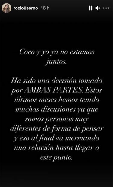 Comunicado de separci&oacute;n de Roc&iacute;o Osorno y Jacobo Robatto./Instagram @rocio0sorno
