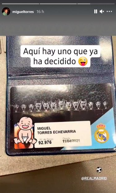 El carn&eacute; de socio del Real Madrid de Miguel Torres Echevarr&iacute;a / Instagram @migueltorres