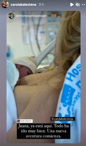 Carola Baleztena ha dado a luz a su hija Juana./Instagram @emilianosuarezpascual