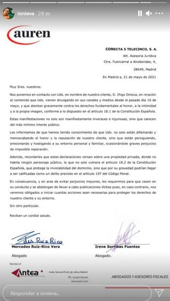 &Iacute;&ntilde;igo Onieva ha mandado este escrito a trav&eacute;s de sus abogados / Instagram