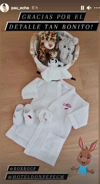 Regalo por parte del personal del hotel en el que se aloja Paula Echevarr&iacute;a para su peque&ntilde;o./Instagram @pau_eche