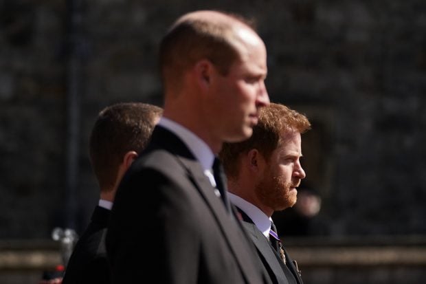 El pr&iacute;ncipe Guillermo y el pr&iacute;ncipe Harry durante el funeral del duque de Edimburgo./Gtres