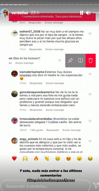 La 'influencer' ha tomado la decisi&oacute;n de borrar aquellos comentarios hirientes./Instagram@verdeliss