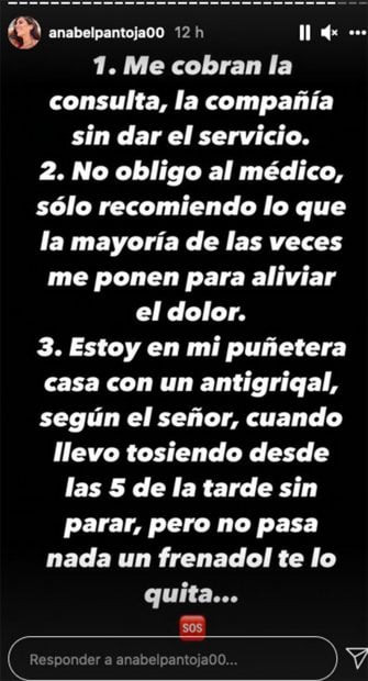 La prima de Kiko Rivera ha expuesto los motivos por los que no est&aacute; conforme tras su paso por el hospital./Instagram @anabelpantoja00