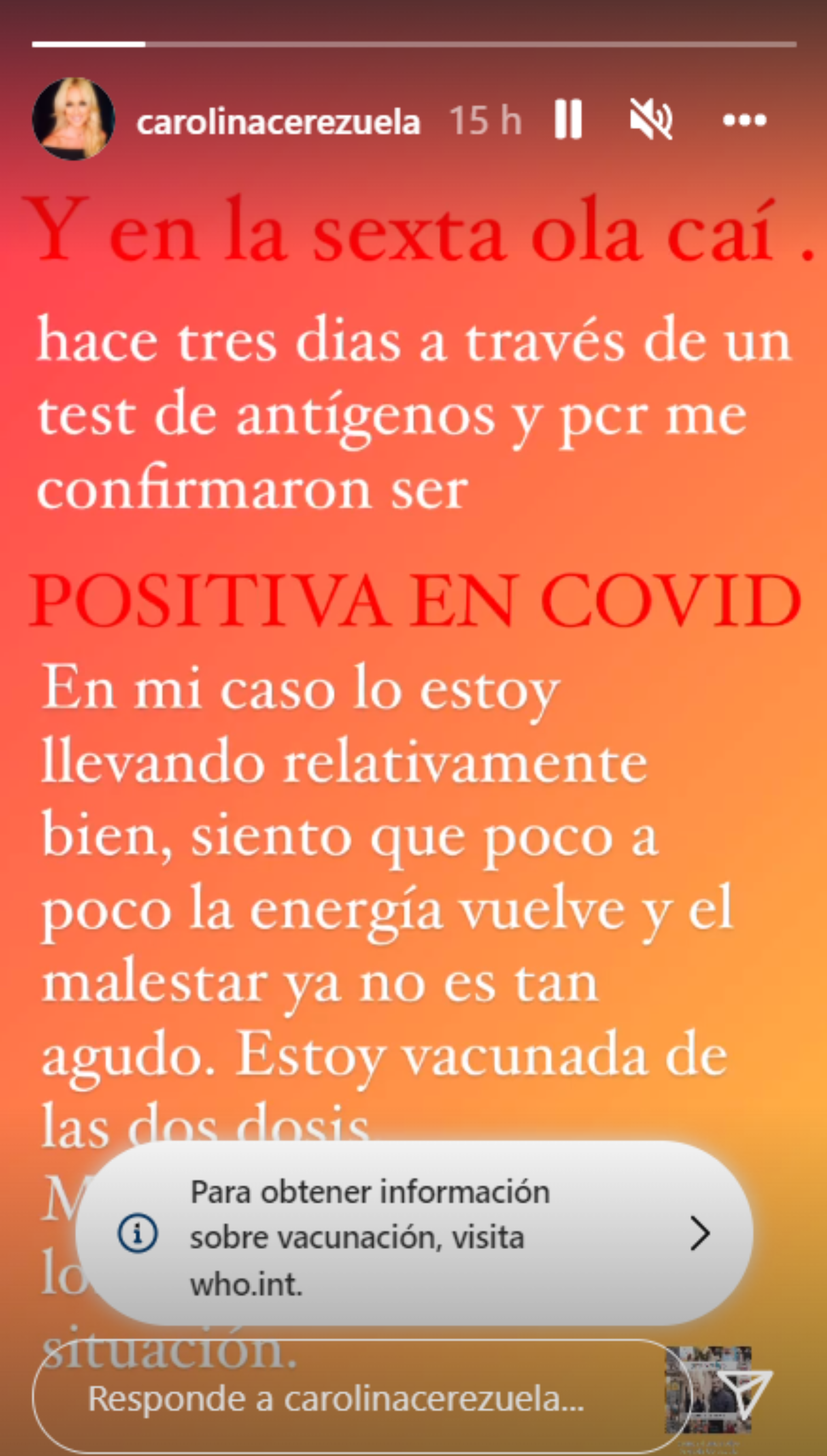 Carolina Cerezuela, positivo en Covid / Instagram