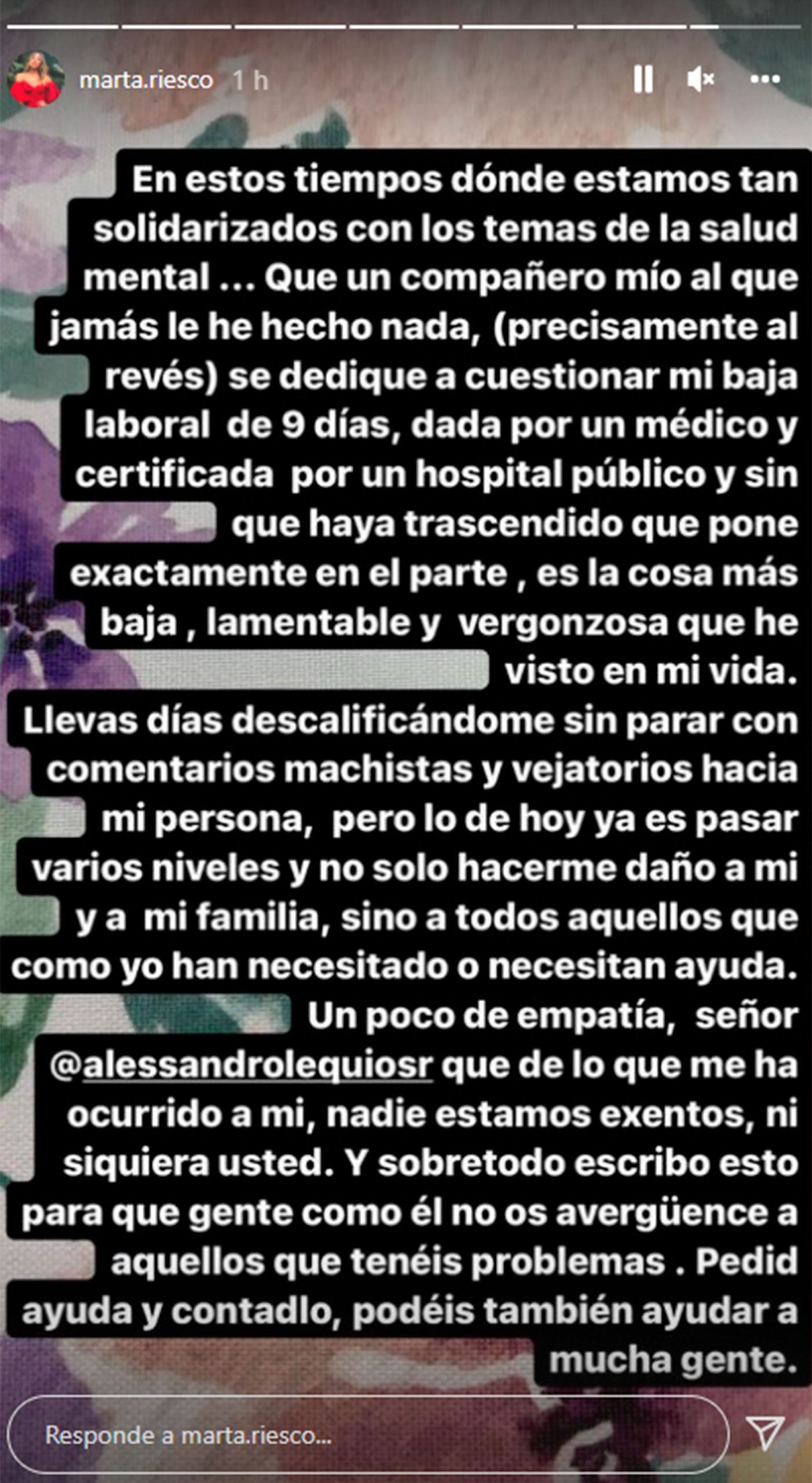 Marta Riesco responde a Alessandro Lequio / Instagram
