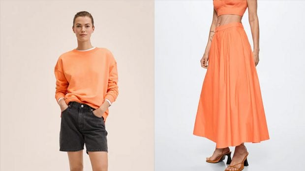 Falda midi y sudadera naranjas / Mango