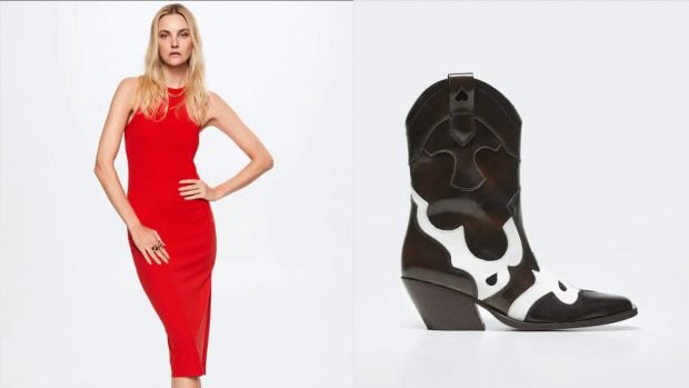 Vestido rojo y botas cowboy / Mango