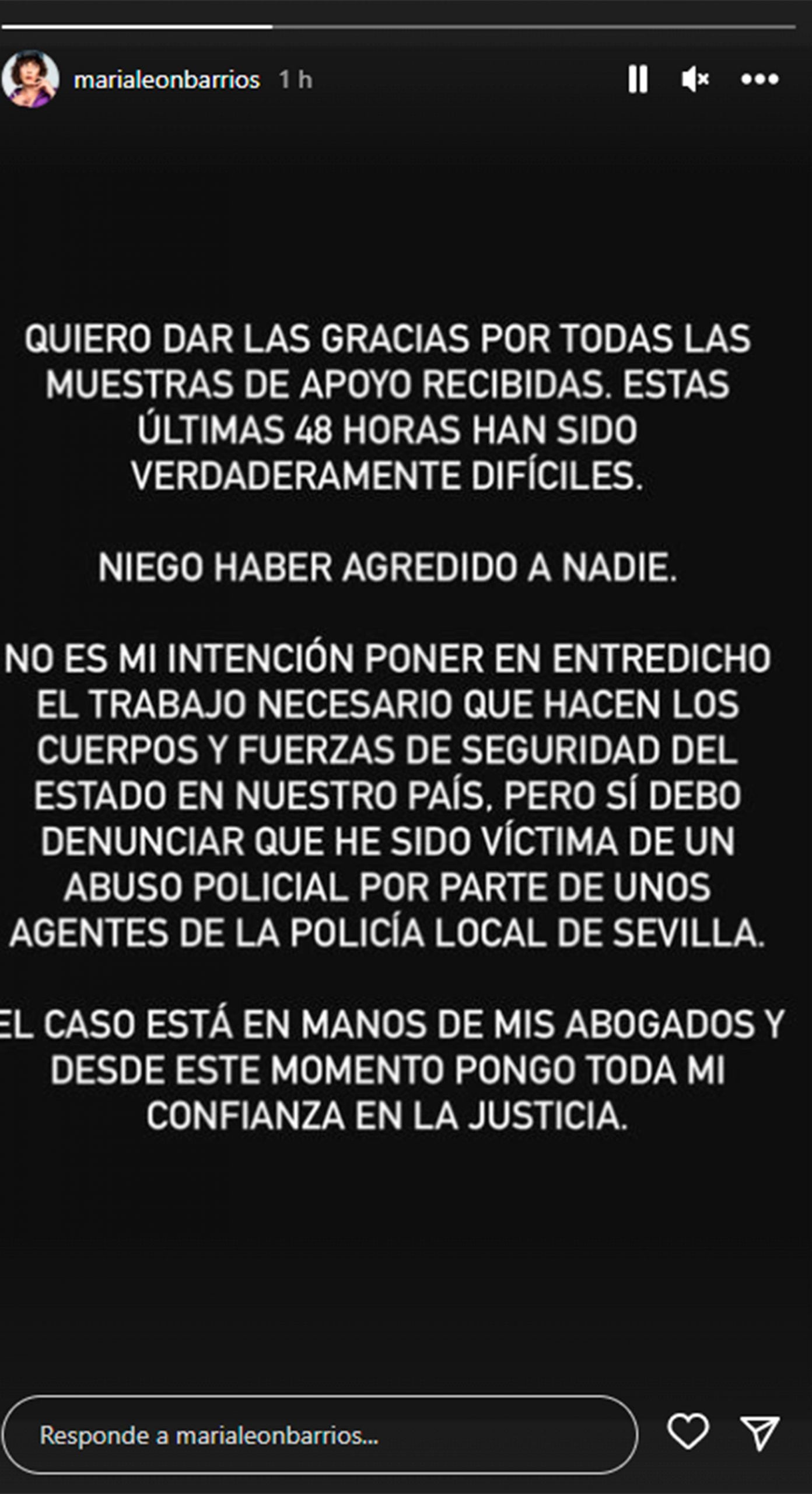 Mar&iacute;a Le&oacute;n niega haber agredido a un Polic&iacute;a / Stories de Instagram @marialeonbarrios