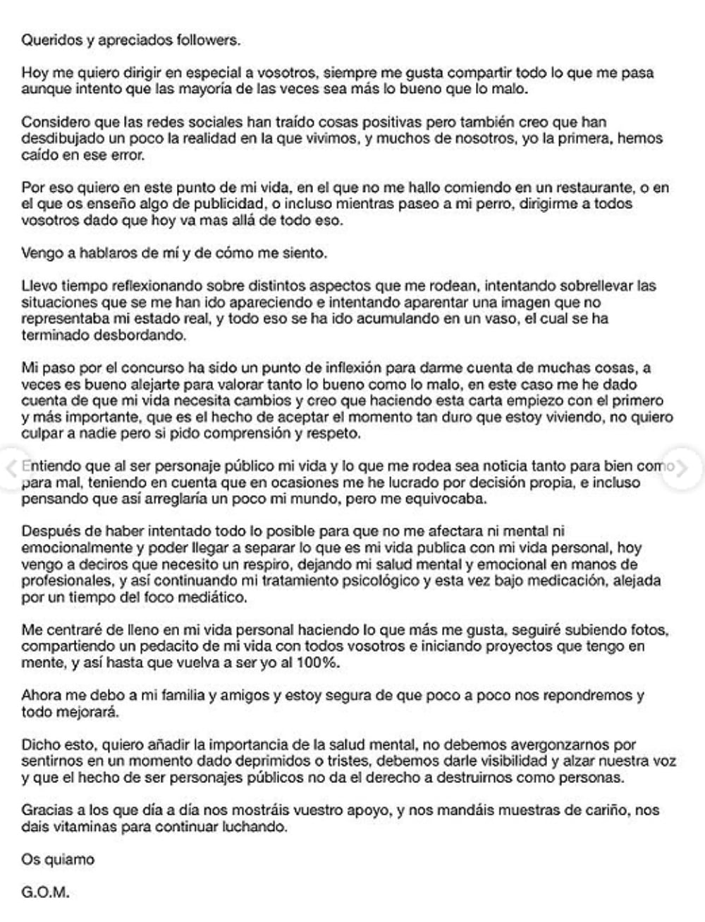 Carta abierta de Gloria Camila / Instagram