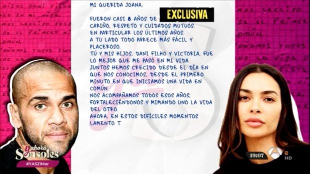Carta de Dani Alves a Joana Sanz en 'Y ahora Sonsoles'. / Antena 3
