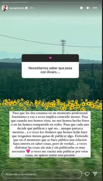 Storie de Laura Escanes hablando de su relaci&oacute;n con &Aacute;lvaro de Luna. / Instagram
