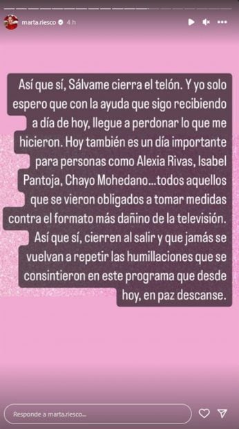 Storie de Marta Riesco hablando sobre 'S&aacute;lvame'. / Telecinco