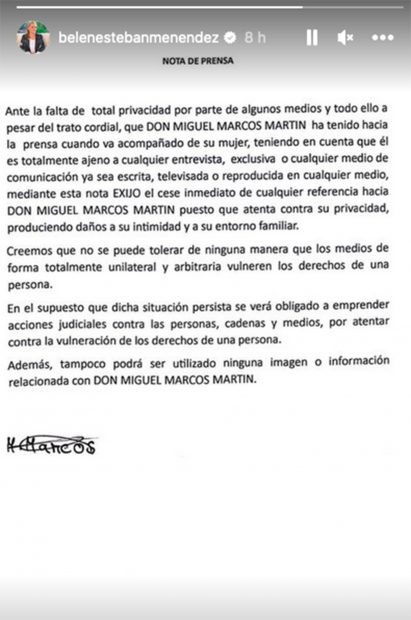 Comunicado de Bel&eacute;n Esteban publicado en Instagram / Redes sociales