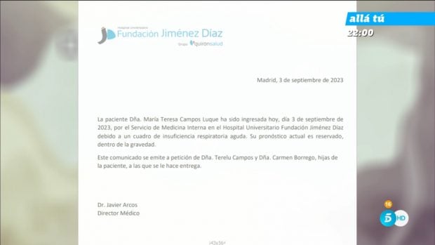 El comunicado de la familia de Mar&iacute;a Teresa Campos / Telecinco