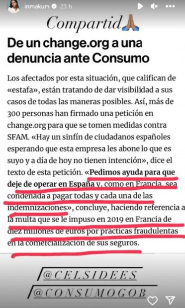 Inma Cuesta solicita a sus seguidores que compartan la informaci&oacute;n / Redes sociales