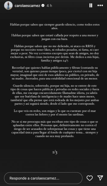 Parte 1 del comunicado emitido por Carola Esc&aacute;mez en redes sociales.