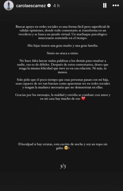 Parte 3 del comunicado emitido por Carola Esc&aacute;mez en redes sociales.