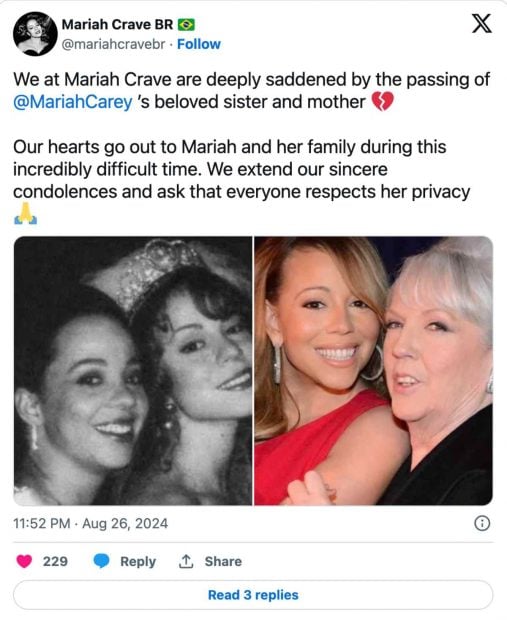 Una foto en Twitter de su Madre y hermana de Mariah Carey tras su tr&aacute;gica muerte. (Twitter)