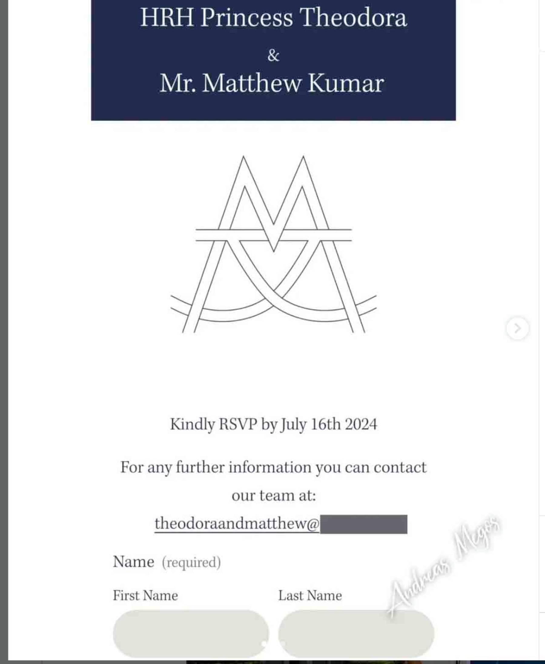 Invitaci&oacute;n a la boda de Teodora de Grecia y Mathew Kuma. (Foto: Casa real griega)