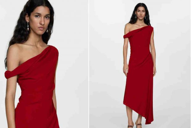 Vestido asimétrico fruncido de Mango por 59,99 euros.