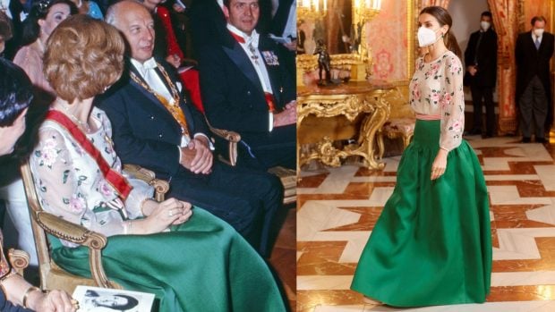 La Reina Sof&iacute;a con el vestido que luci&oacute; su suegra durante una visita oficial a Alemania en 1977. (Foto: Gtres)